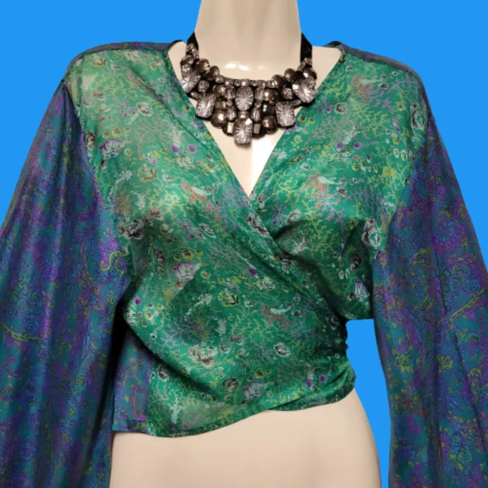 SILK Bolero Top Crop Top Coverup Silk Blazer Short Jacket Butterfly Sleeve Top L - Picture 9 of 10